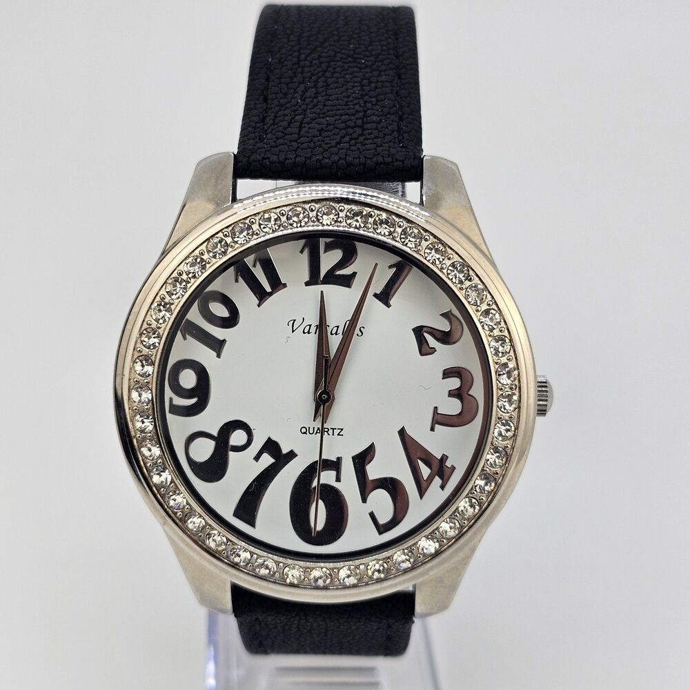Versales Women’s Watch 45MM White Dial Diamonds Bezel Black Bands New Battery
